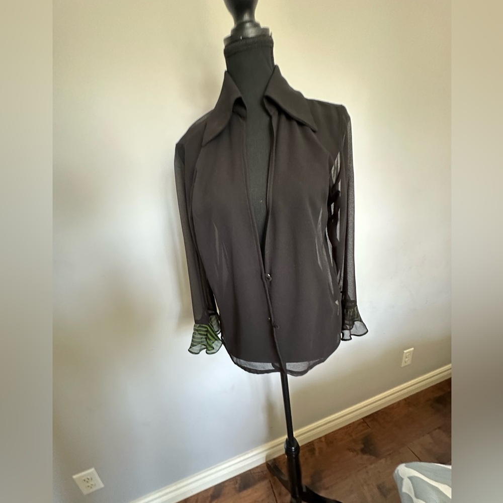 Vintage Elegant Black Sheer Blouse with Green Striped Cuffs